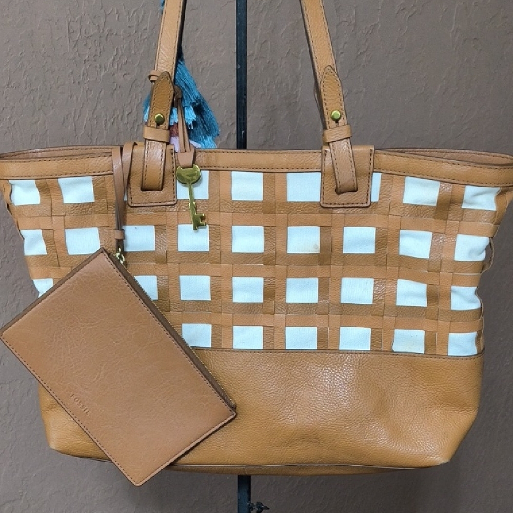 Fossil Rachel Large Leather Canvas Basket Weave Weatherpane Tote